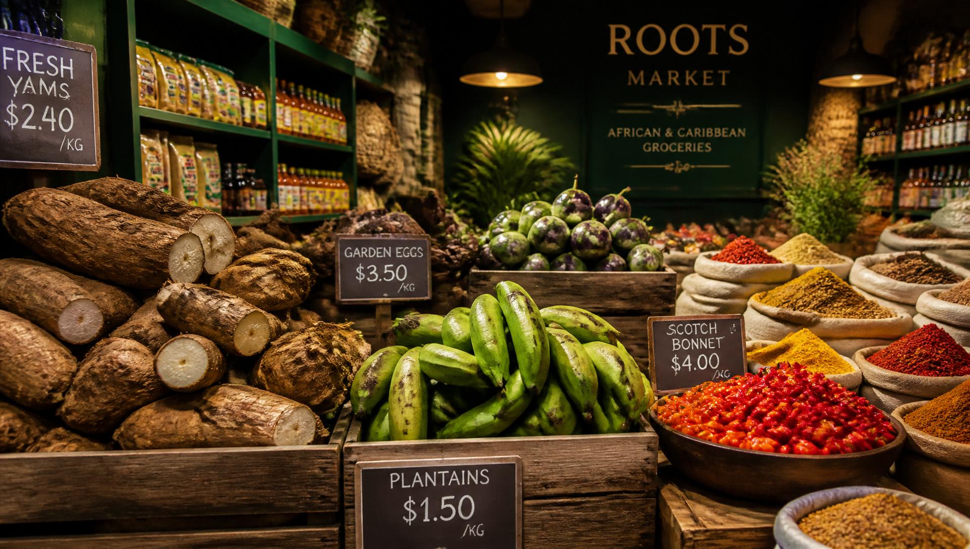 Fresh yams, plantains and spices on display at Atonsu Royal African Caribbean Food Market in Houston